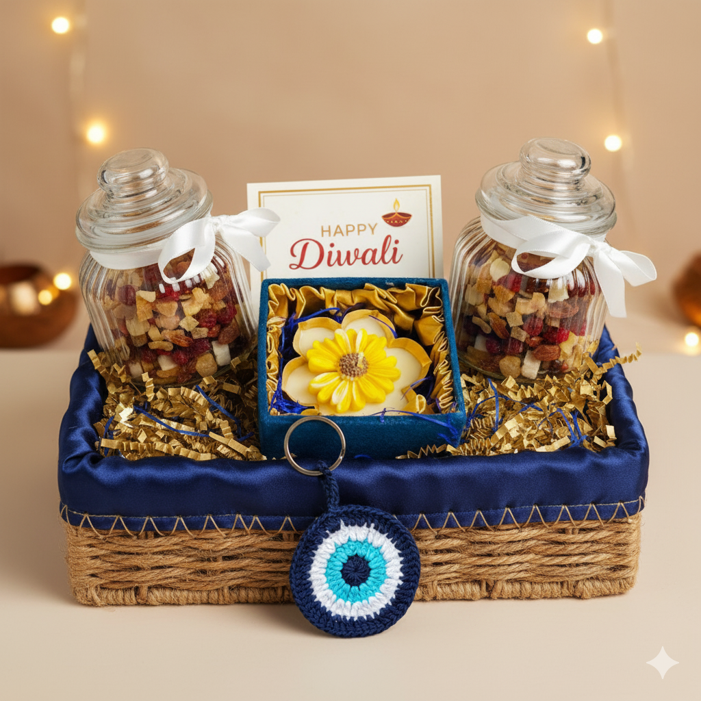 Premium Diwali Gift Hamper with Urli Candle, Dry Fruits & Keyring