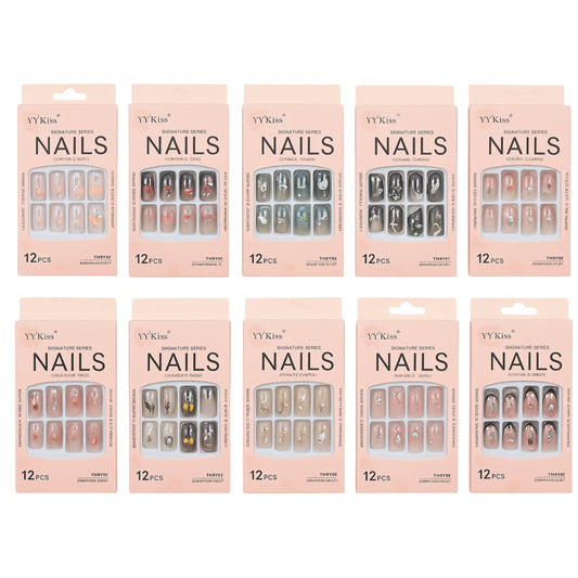 Press-On Nails Set (12 Pcs with Stickers) – Random Colors & Designs