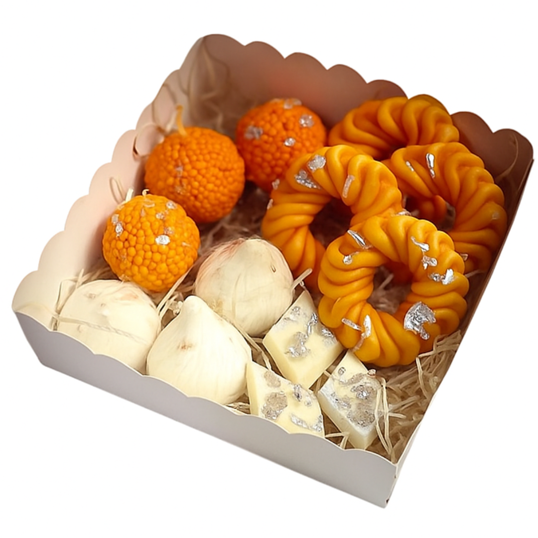 Festive Sweets-Shaped Scented Candle Gift Box – Ladoo, Modak & Barfi Design