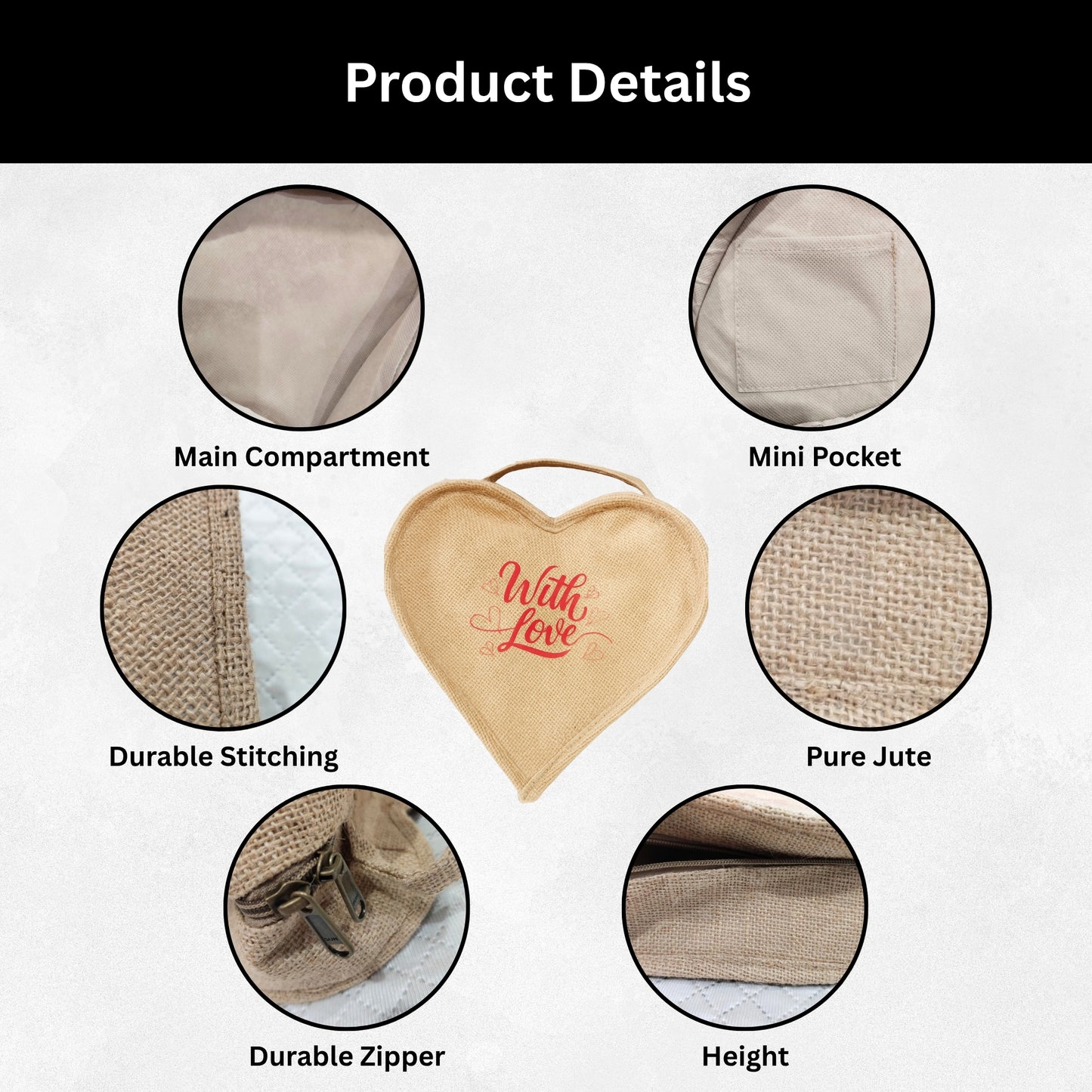Heart-Shaped Jute Gift Bag with Zipper & Handle – Eco-Friendly Storage Pouch